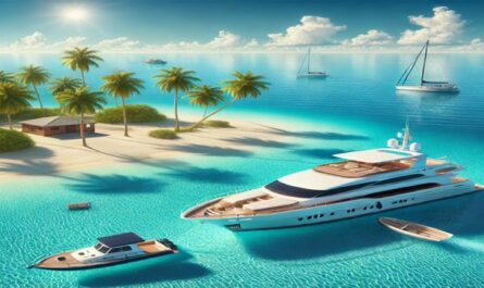 A luxurious yacht anchored near a tropical island in turquoise waters, with a small boat approaching, symbolizing the ease and elegance of hiring a yacht