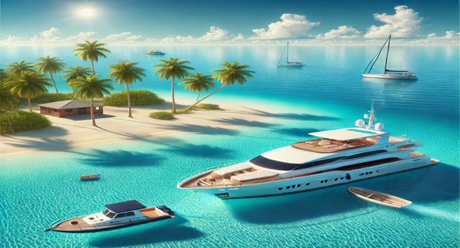 A luxurious yacht anchored near a tropical island in turquoise waters, with a small boat approaching, symbolizing the ease and elegance of hiring a yacht