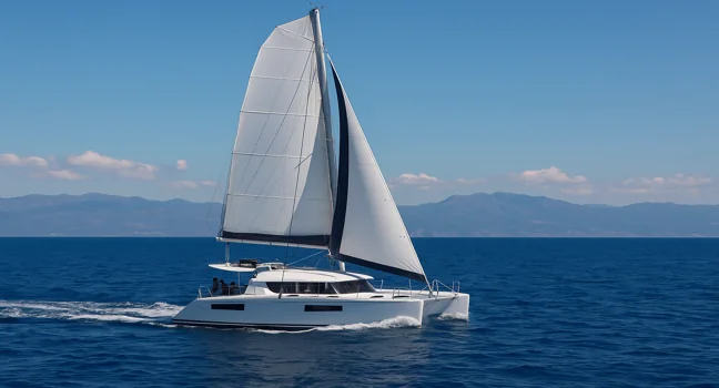 Ein moderner weißer Segelkatamaran gleitet bei klarem Himmel und ruhiger See über das Wasser, während die Segel im Wind stehen
