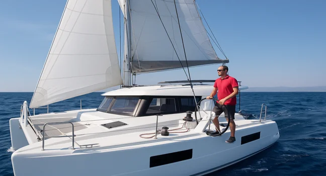 Ein erfahrener Skipper steuert einen modernen Katamaran über ruhiges Wasser bei klarem Himmel – ideal für Charter mit oder ohne Skipper