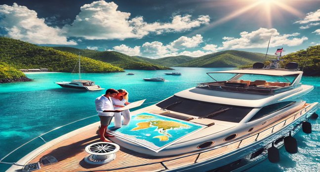 A luxurious yacht anchored in crystal-clear waters, with a couple and a crew member onboard planning their charter itinerary surrounded by tropical hills and sunny skies