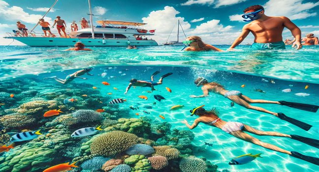 People enjoy swimming and snorkeling in turquoise waters, exploring coral reefs and colorful fish, with a yacht anchored in the background under a sunny blue sky.