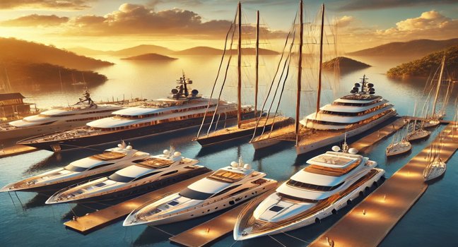 Various crewed yachts, including a sailboat with tall masts, a sleek motor yacht, and a spacious catamaran, are docked in a serene marina at sunset