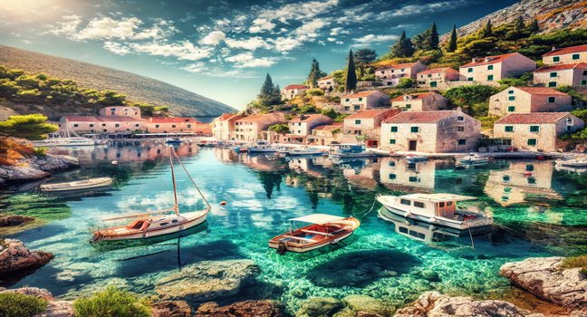 The harbor of Vis, Croatia, showcases a fishing village with stone houses, small boats, and yachts, set against clear waters, rugged cliffs, and lush green hills under a sunny sky