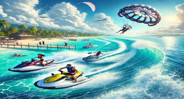 A lively water sports scene with people enjoying jet skiing, paddleboarding, and parasailing on crystal-clear waters under a vibrant blue sky near a tropical beach