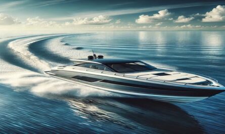 A sleek motor boat glides through calm blue waters, leaving a wake behind, under a sunny sky, showcasing its modern design, speed, and luxury