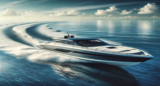 A sleek motor boat glides through calm blue waters, leaving a wake behind, under a sunny sky, showcasing its modern design, speed, and luxury