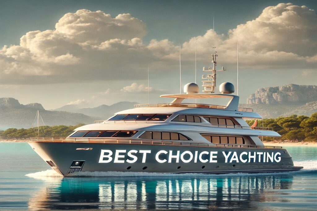 Eine luxuriöse Yacht auf ruhigem Wasser, umgeben von mediterraner Küstenlandschaft und klarem Himmel – das perfekte Erlebnis mit Best Choice Yachting