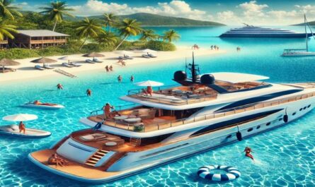 A sleek yacht anchored in crystal-clear waters near a tropical island, with people enjoying drinks and sunbathing on deck, surrounded by palm trees and a vibrant blue sky