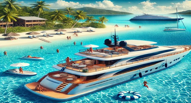 A sleek yacht anchored in crystal-clear waters near a tropical island, with people enjoying drinks and sunbathing on deck, surrounded by palm trees and a vibrant blue sky