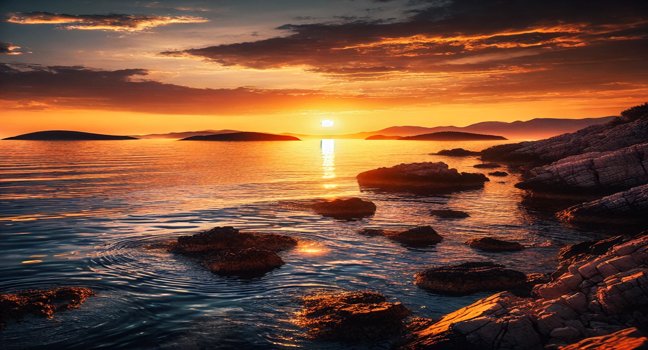 Experience the serene beauty of a Croatian sunset with golden hues over calm waters, rocky shores, and distant islands silhouetted against the sky