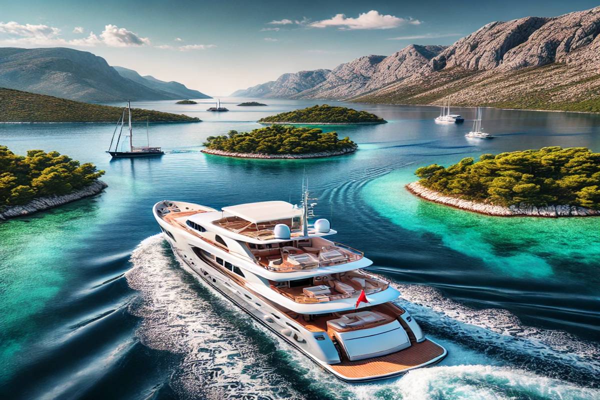 Luxusyacht auf klarem Wasser mit grünen Inseln im Hintergrund – ideal für ein Abenteuer in Kroatien