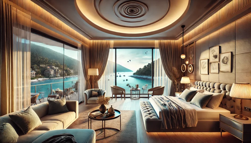 This luxurious suite at Marmaris D Maris Bay features elegant modern decor, offering stunning views of the turquoise sea and surrounding mountains.