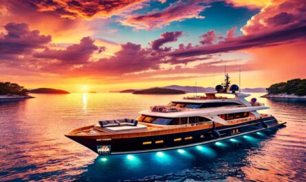 Luxusyacht vor Anker im ruhigen Wasser bei einem farbenprächtigen Sonnenuntergang – perfekter Abschluss eines Tages in Kroatien