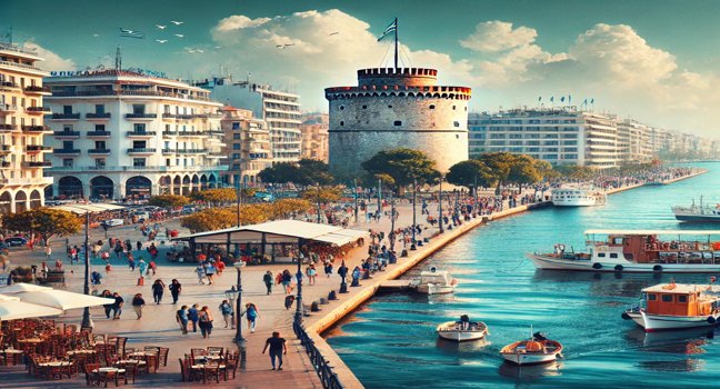 Thessaloniki mit dem Weißen Turm, der Uferpromenade und traditioneller Architektur unter blauem Himmel