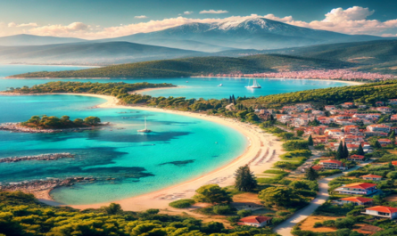 Blick auf Chalkidiki mit türkisfarbenem Wasser, sandigen Stränden und den Halbinseln Kassandra, Sithonia und Athos im Hintergrund