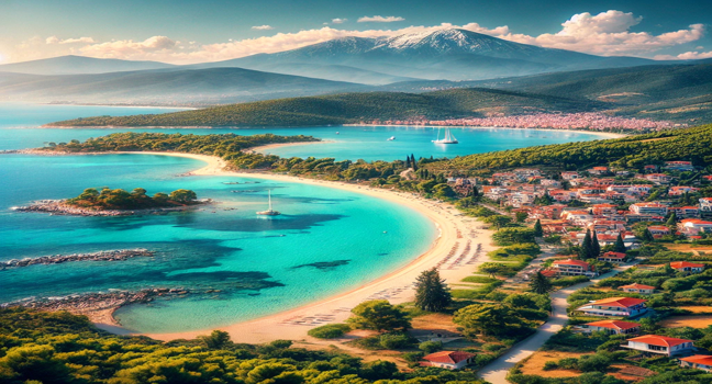 Blick auf Chalkidiki mit türkisfarbenem Wasser, sandigen Stränden und den Halbinseln Kassandra, Sithonia und Athos im Hintergrund