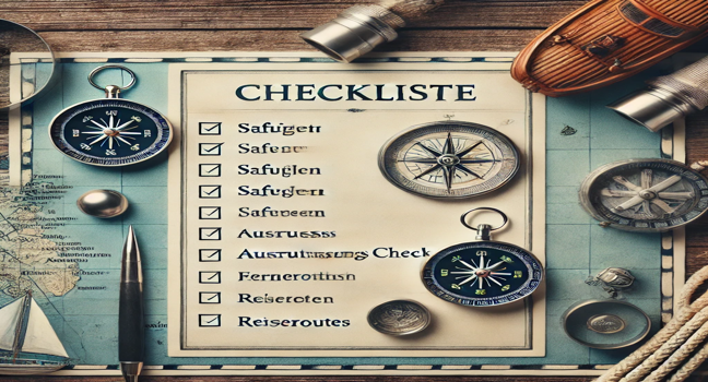 Eine detaillierte Checkliste für Ihren Yachtcharter, umgeben von nautischen Accessoires wie einer Seekarte und einem Kompass. Ideal für die Reisevorbereitung