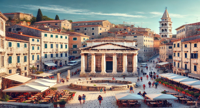 Das Forum in Pula zeigt den Augustus-Tempel und historische Gebäude, umgeben von lebhafter Atmosphäre und blauem Himmel