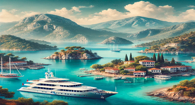 Eine malerische Landschaft in Fethiye mit türkisblauem Meer, grünen Bergen, einer modernen Yacht und einem traditionellen Hafen