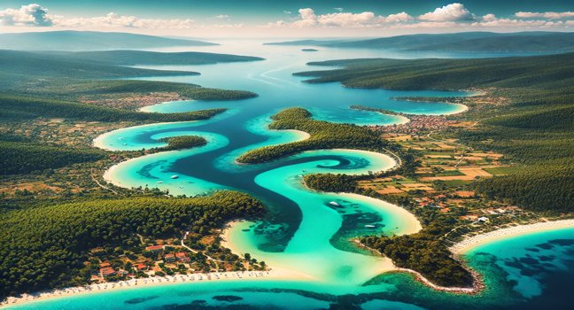 Luftaufnahme der Halbinsel Chalkidiki mit drei Fingern, türkisfarbenem Wasser und grünen Wäldern