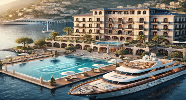 Ein luxuriöses Hotel am Wasser mit moderner Architektur, Poolbereich und einer Yacht, umgeben von mediterraner Küstenlandschaft