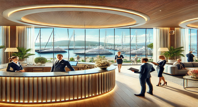 Ein eleganter Empfangsbereich im Yacht Classic Hotel, mit freundlichen Mitarbeitern, moderner Architektur und Blick auf den Yachthafen