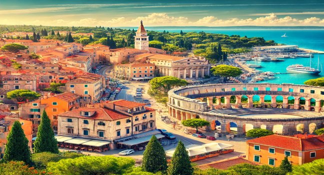 Pula zeigt seine historische Architektur, mit der römischen Arena und charmanten Altstadt, umgeben von Natur und dem klaren Adriatischen Meer