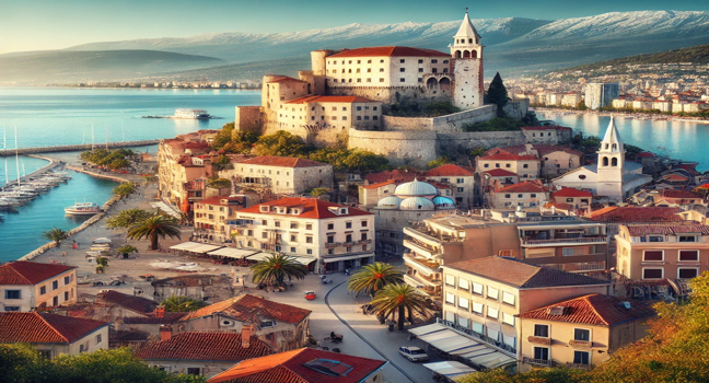 Ein wunderschöner Blick auf Rijeka an der Adriaküste mit dem Kastell von Trsat und dem klaren Wasser. Ideal für Reisende, die die kroatische Stadt erkunden möchten