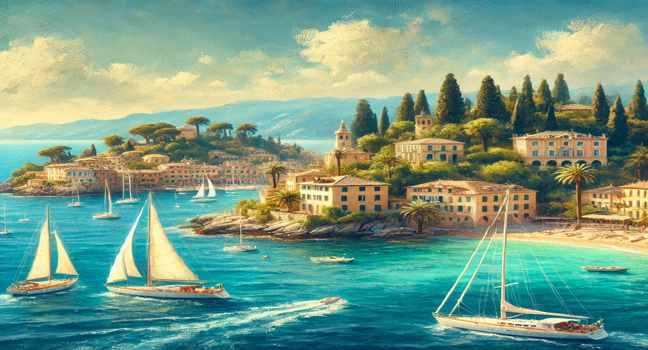 Eine traumhafte Küstenlandschaft in der Riviera mit türkisfarbenem Wasser, Segelbooten und mediterranen Gebäuden