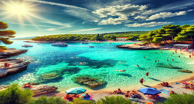 Die Strände in Pula zeigen klares türkisfarbenes Wasser, Kieselstrände und grüne Vegetation unter sonnigem Himmel