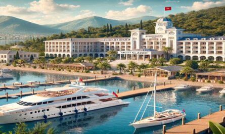 Die Yacht Classic Fethiye mit luxuriöser Yacht am hoteleigenen Hafen, umgeben von mediterraner Architektur und türkisfarbenem Wasser