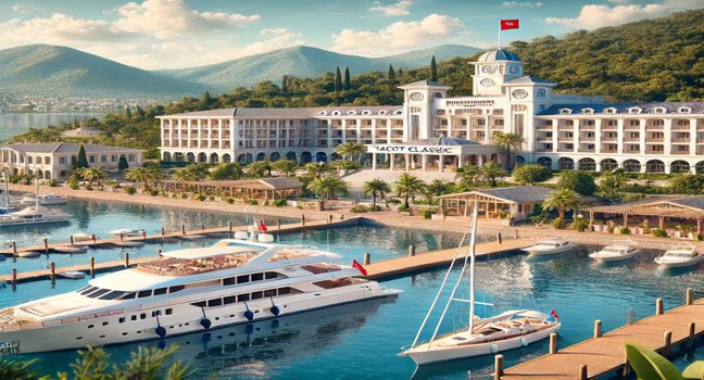 Die Yacht Classic Fethiye mit luxuriöser Yacht am hoteleigenen Hafen, umgeben von mediterraner Architektur und türkisfarbenem Wasser