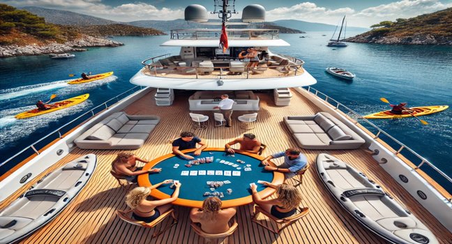 Eine luxuriöse Yacht mit Freunden, die Poker auf dem Deck spielen, andere erkunden mit Kajaks eine Insel. Umgeben von türkisfarbenem Wasser und sonniger Küstenlandschaft