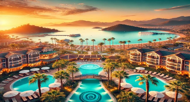 Luxushotels in Fethiye mit Blick auf das türkise Meer und Palmen