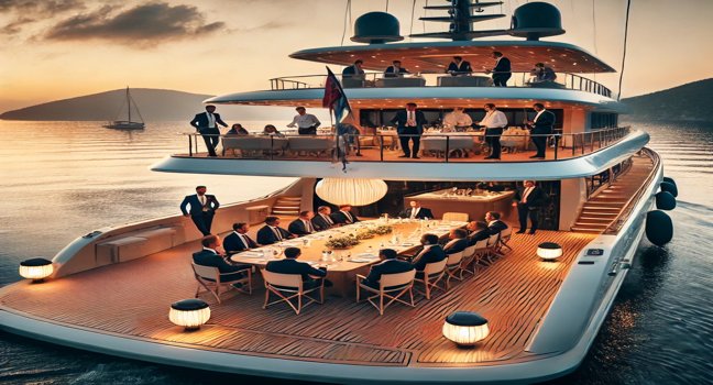 Menschen sitzen auf dem Deck einer luxuriösen Yacht, genießen Poker spielen bei Sonnenuntergang