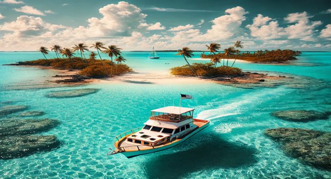 Türkisfarbenes Wasser, kleine Inseln und ein Boot, das zwischen den Exuma Cays in der Karibik unterwegs ist