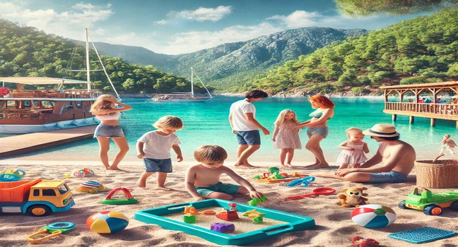 Fethiye mit Kindern - Entspanntes Spielen am Strand mit türkisfarbenem Wasser und malerischer Kulisse