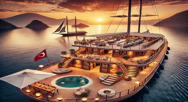 Eine stilvolle Gulet-Yacht bietet den perfekten Rahmen für exklusive Events mit türkisfarbenem Wasser, malerischer Küste und eleganter Atmosphäre