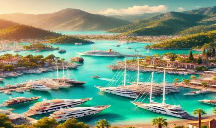 Entdecke Marmaris: Luxusyachten, türkisfarbenes Wasser und eine malerische Küste umgeben von grünen Bergen