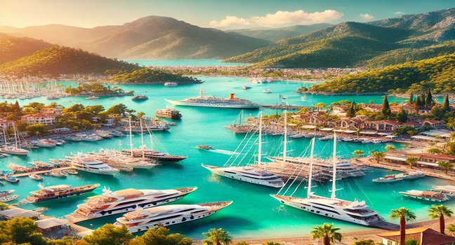 Entdecke Marmaris: Luxusyachten, türkisfarbenes Wasser und eine malerische Küste umgeben von grünen Bergen