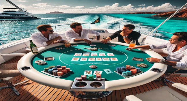 Freunde genießen Poker spielen ohne Geld auf einer Yacht, umgeben von türkisfarbenem Wasser, einer malerischen Küste und sonnigem Himmel