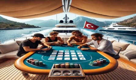 Eine luxuriöse Yacht in der Türkei, umgeben von türkisfarbenem Wasser und malerischer Küste, bietet die perfekte Kulisse für entspanntes Poker spielen auf dem Deck