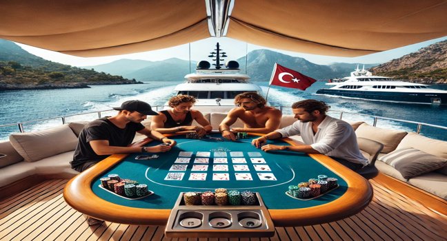 Eine luxuriöse Yacht in der Türkei, umgeben von türkisfarbenem Wasser und malerischer Küste, bietet die perfekte Kulisse für entspanntes Poker spielen auf dem Deck