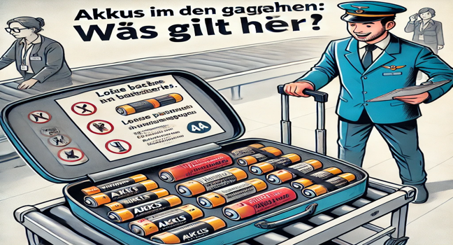 Ein Bild zeigt einen Koffer an der Sicherheitskontrolle, der auf lose Akkus überprüft wird. Lose Akkus gehören ins Handgepäck