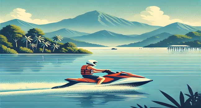 A person rides a jet ski across calm waters, surrounded by tropical palms, hills, and a majestic mountain