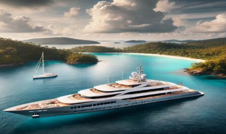 A luxurious 50-meter yacht anchored by a pristine coastline with a 15-meter yacht nearby, showcasing elegance and adventure