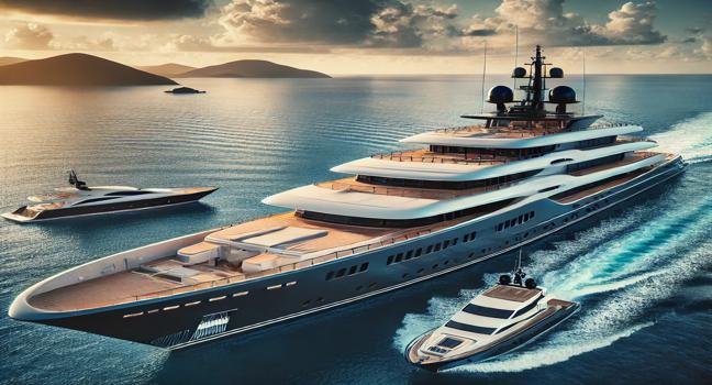 A luxurious 50 meter yacht anchored at a marina with a 15 meter yacht approaching, showcasing vibrant coastal energy