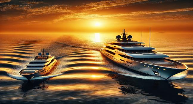 A 50 meter yacht and a 15 meter yacht cruising side by side under a vivid sunset, reflecting golden hues on the water