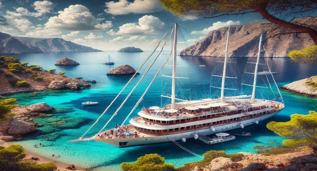 A stunning sailing yacht anchored near a picturesque Greek island, surrounded by crystal-clear waters and scenic cliffs under a bright blue sky